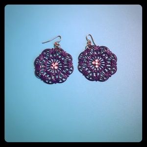 Purple metal earrings with lace pattern