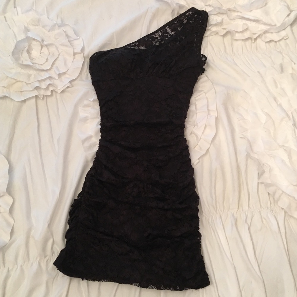 Black Lace Covered One Shoulder Mini Dress Size S