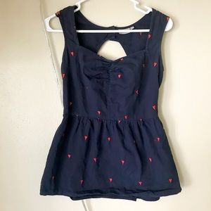 Navy blue heart patterned top with back cutout