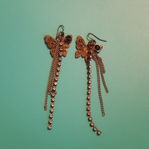 Bronze butterfly earrings with rhinestones