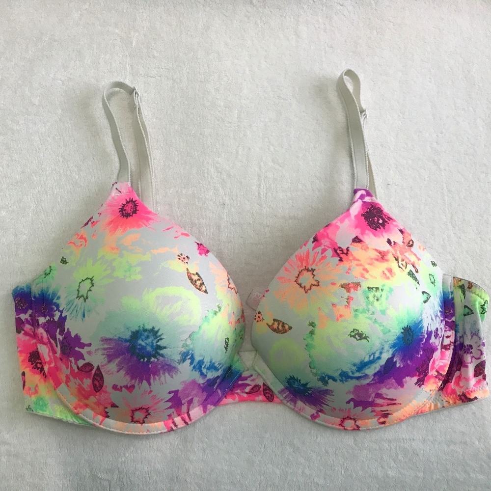 White with neon flowers PINK VS bra