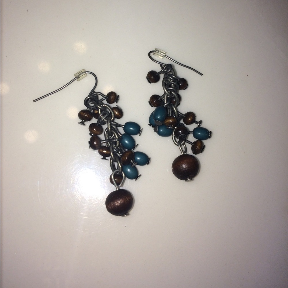 Brown and Teal Wooden Beaded  Earring