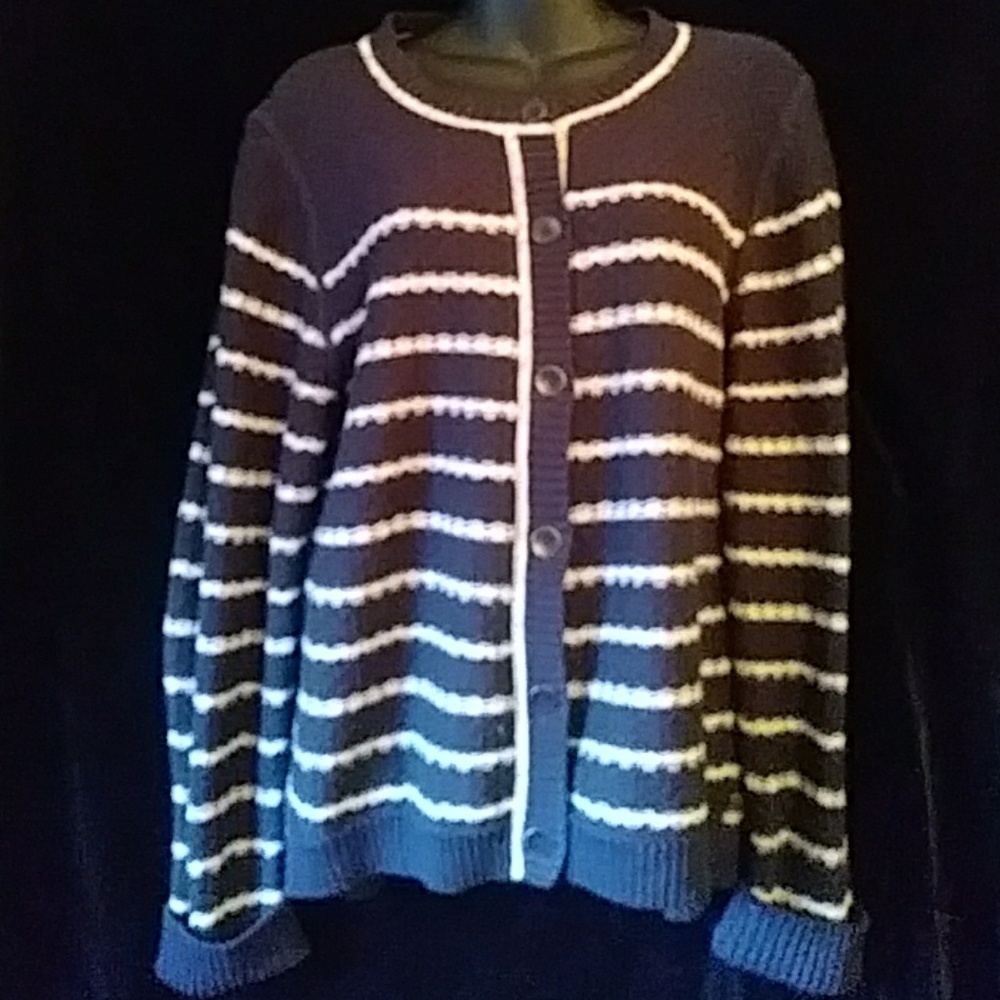 EddieBauer black/creamstriped cotton cardigan-sz L