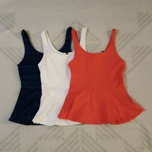 3x EXPRESS Zip Back Peplum Tops Coral, White, Blue