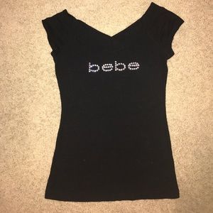 bebe Gem Logo Black V-Neck Short Sleeve Top