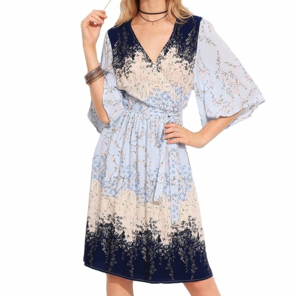 Boho Split Tie-Waist Vintage Print Dress L