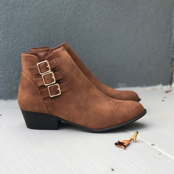 Tan Triple Buckle Detail Casual Ankle Bootie - Picture 2 of 6