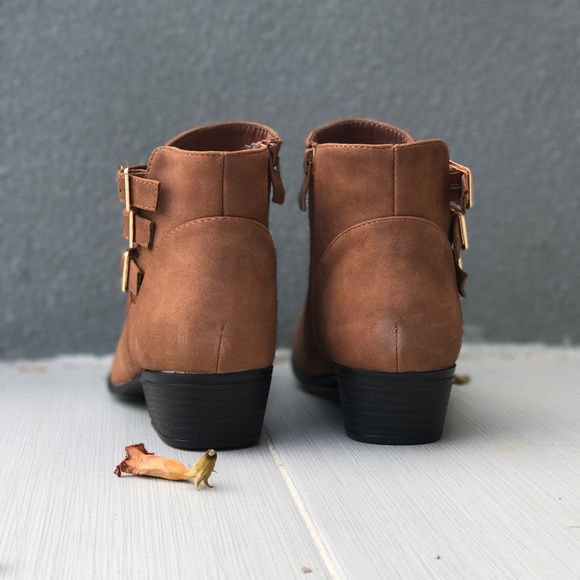 Tan Triple Buckle Detail Casual Ankle Bootie - Picture 6 of 6