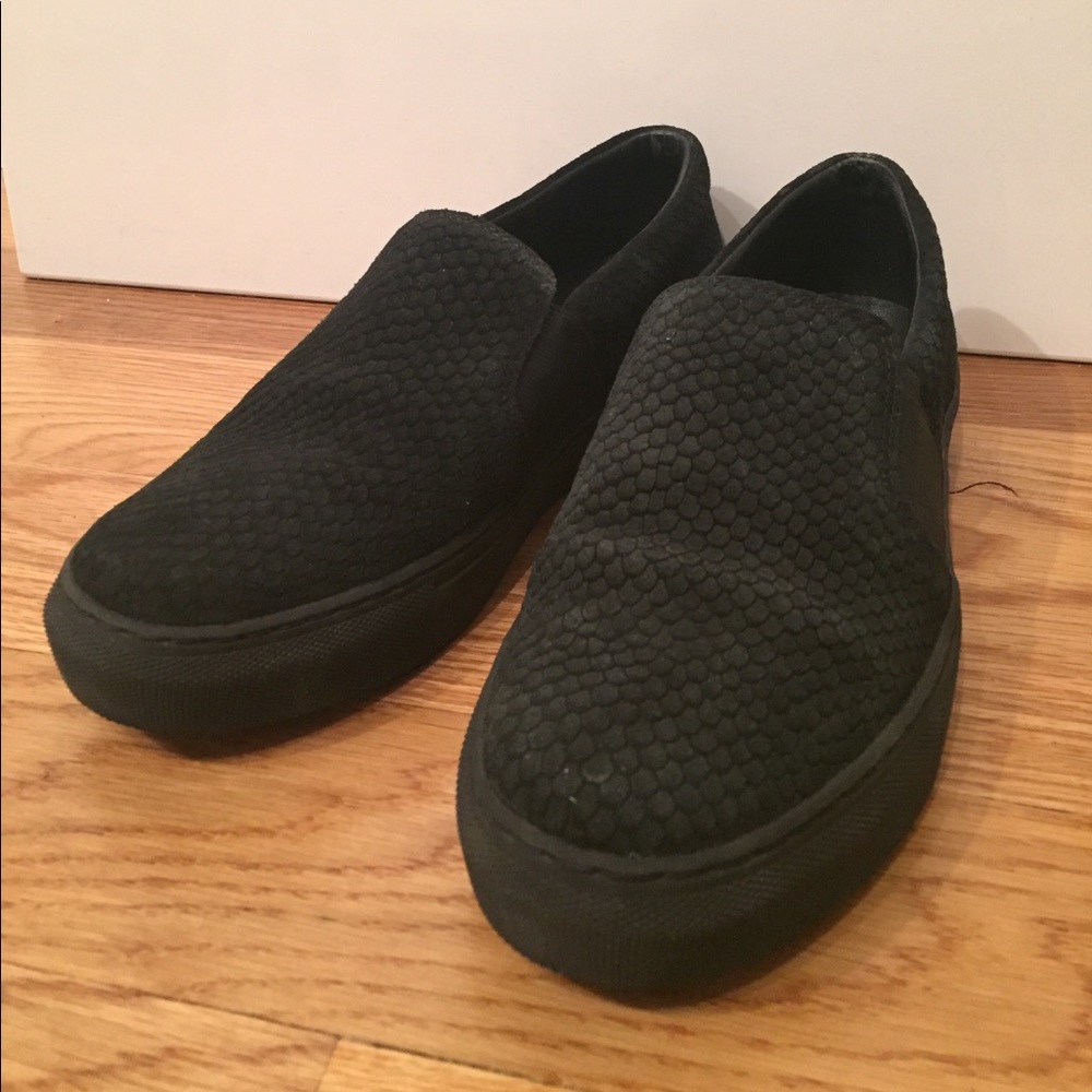 All Saints Black suede alligator slip ons (size 8)