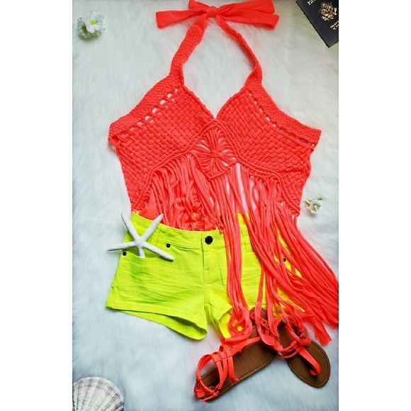 Wildcat Tops - 🌴Coral Wildcat Crochet Fringe Tassel Halter Top🐚