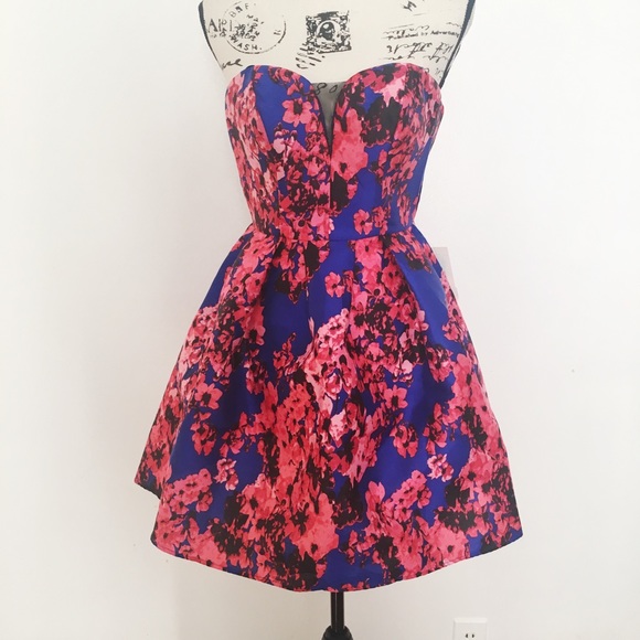 B DARLIN Red Floral Strapless A-Line Dress - Picture 2 of 8