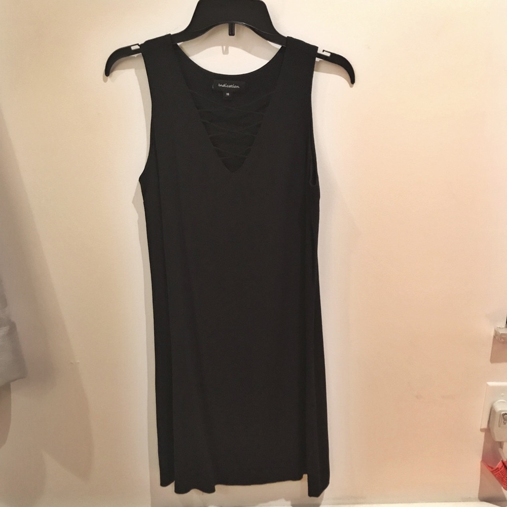 black shift dress with lattice neck