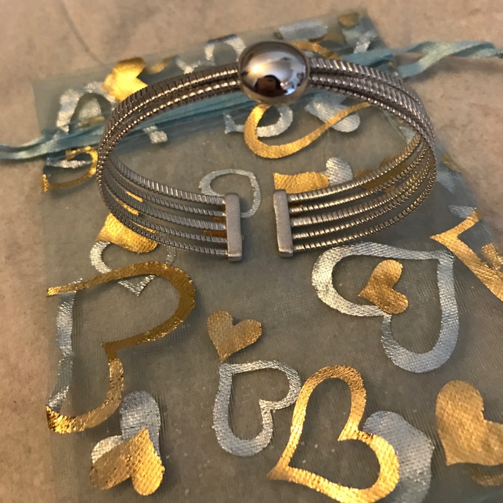 Rhodium Plated 5 Row Cuff Bracelet W/ Dome Center