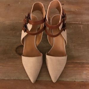 Nine West Tan and Brown Canvas Heels 7.5