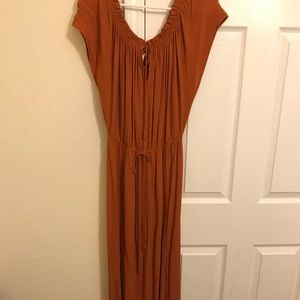 Rust color midi dress.