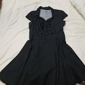 Black polka dot dress, ruffle front, poplin style