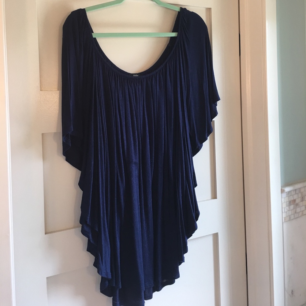Dark blue drapey, flowy top with bat wing sleeves