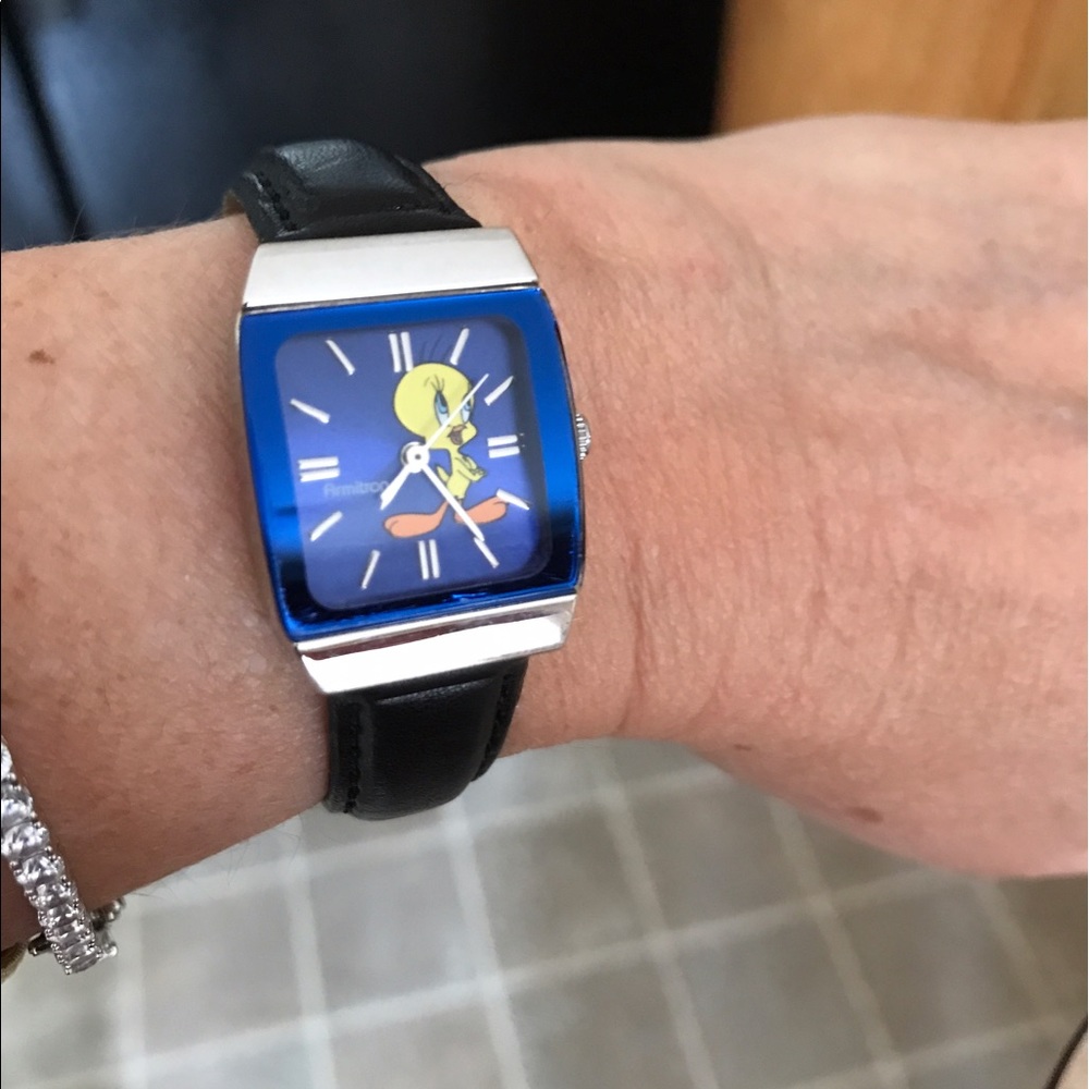 Tweety Bird Watch. Black Leather Wrist Band