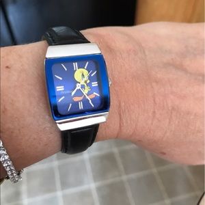 Tweety Bird Watch. Black Leather Wrist Band