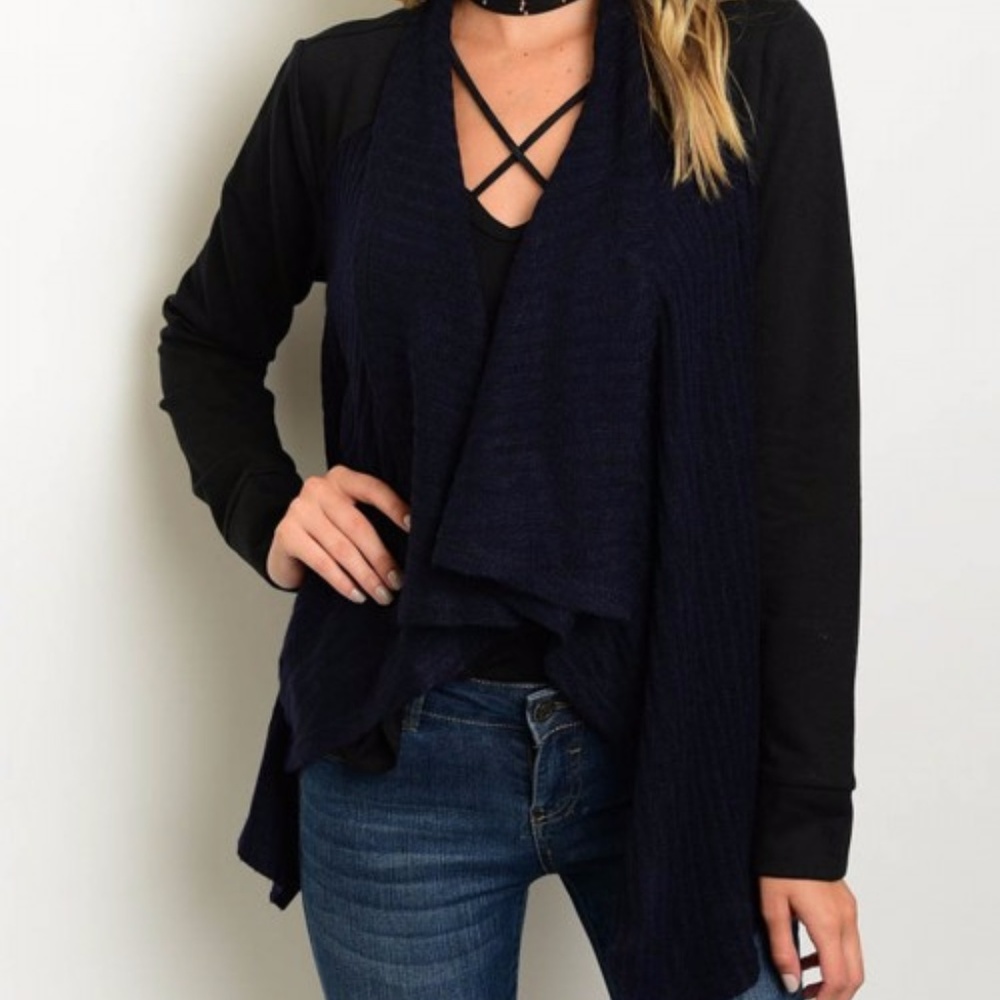 Navy Black Waterfall Cardigan Color Block - Picture 8 of 8