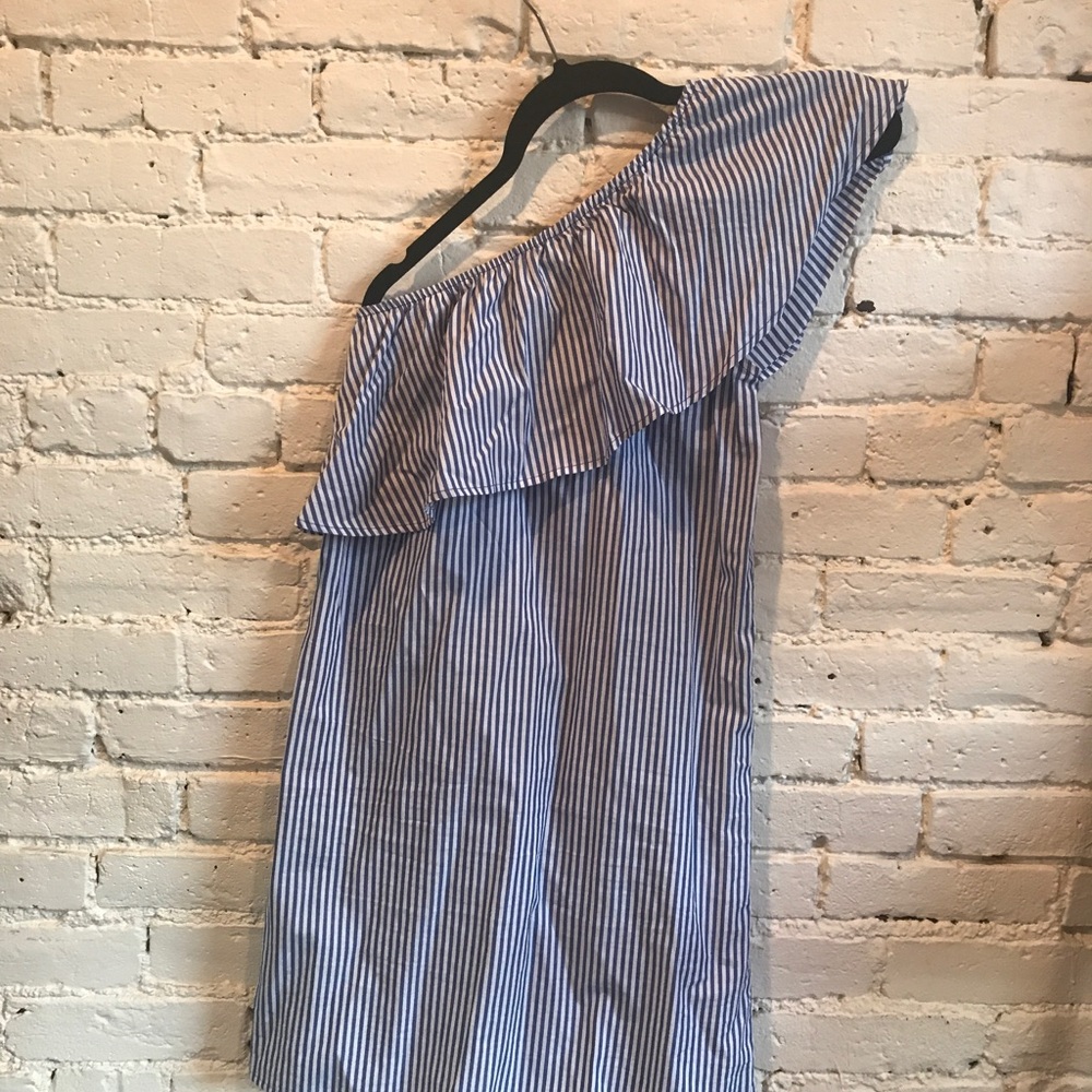 Blue and white striped off the shoulder dress