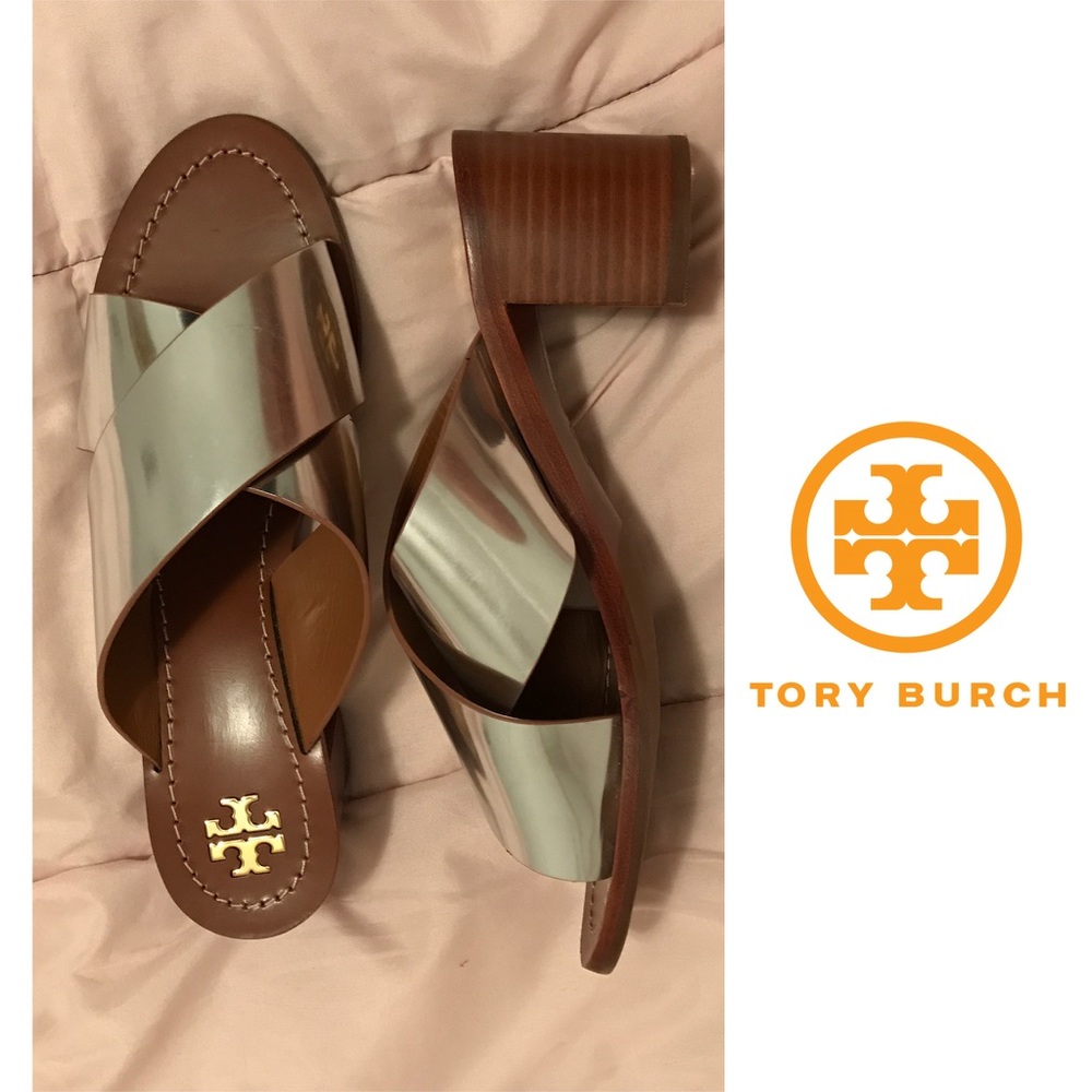 {8.5} Tory Burch Mule Silver Metallic Sandal - Picture 1 of 6