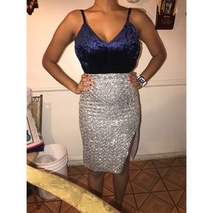 Sequin and blue velvet dress by Hommage