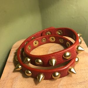 Red faux leather spike wrap bracelet