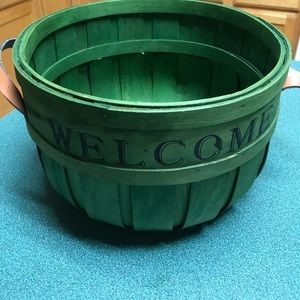 Vintage Welcome wooden Basket leather handle!