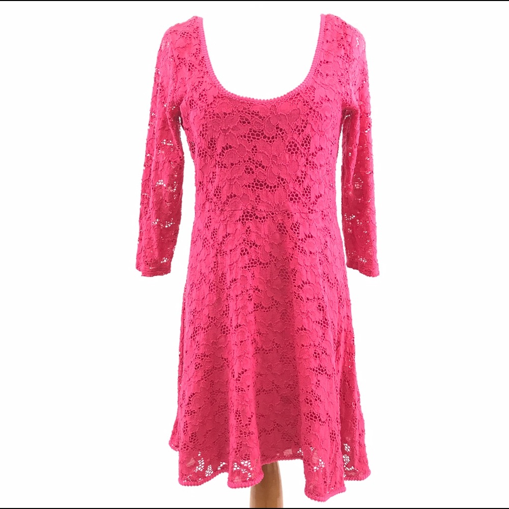 Free People Dress L Pink Lace Sleeve Flowy Skirt