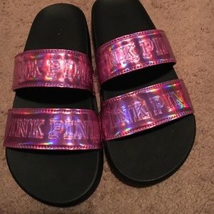 Pink Metallic Double Strap Slides 😍