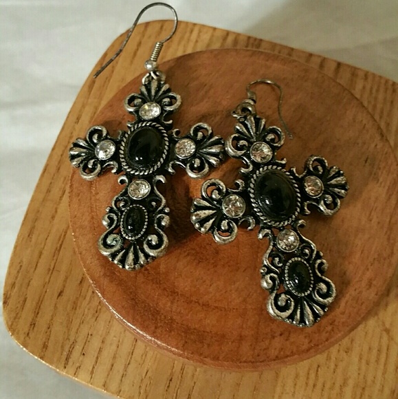 Blk w/rhinestone cross earrings. EXCOND - Picture 1 of 2