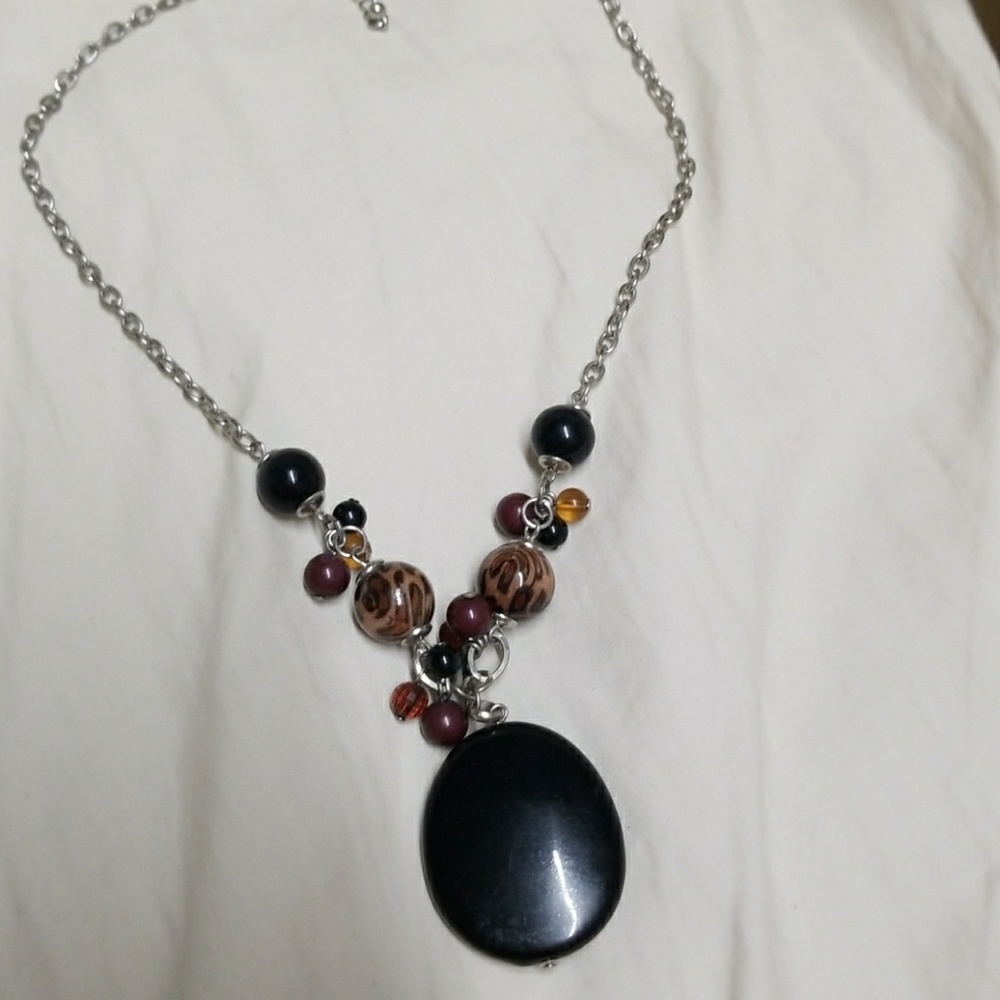 Black and animal print plastic beaded necklace