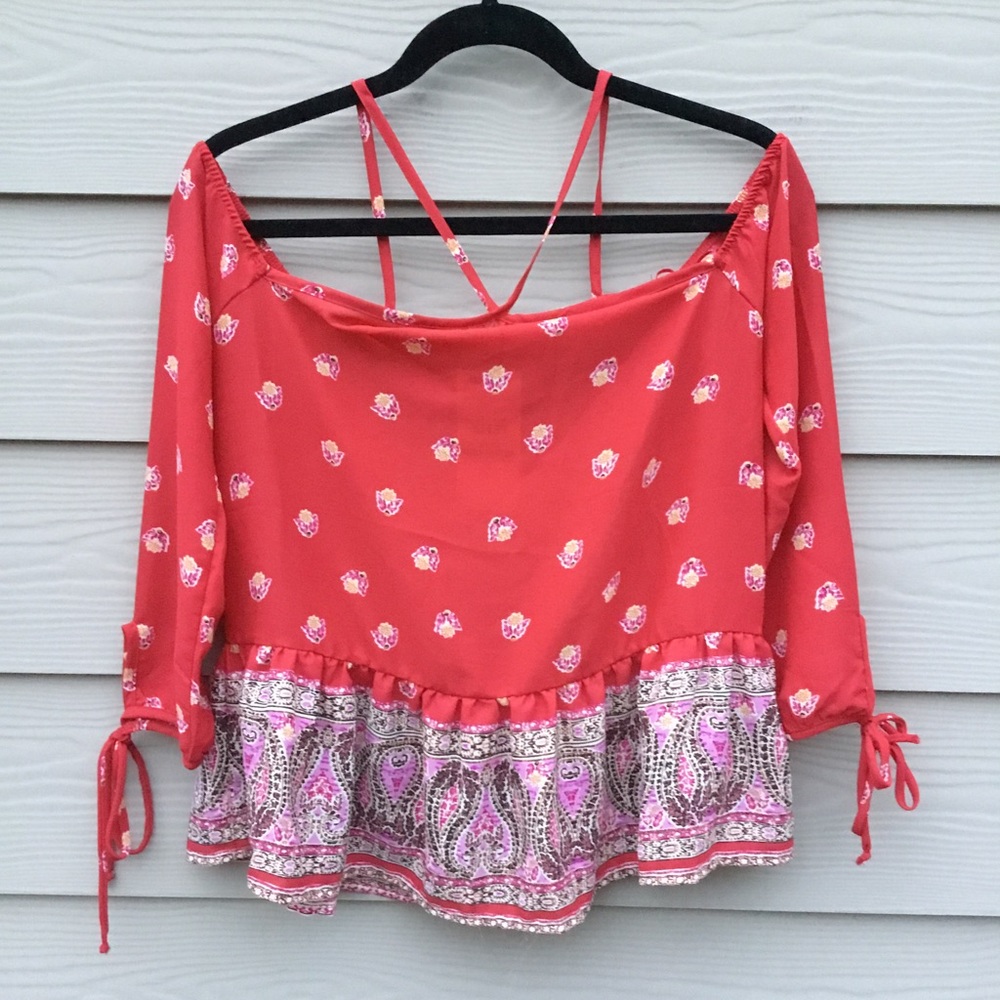 NWT SIENNA SKY Boho Red Blouse Cold Shoulder XS