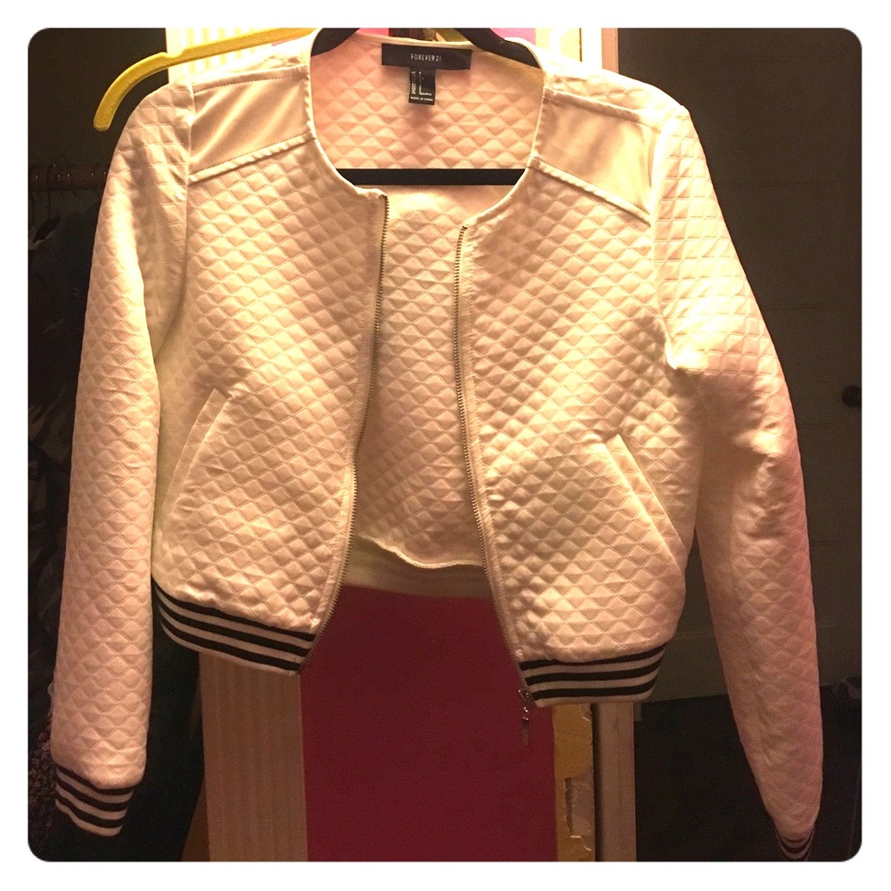 A white quilted Forever 21 bomber jacket