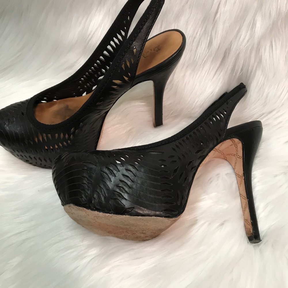 L.A.M.B. Black Leather Cutout Platform Heels.