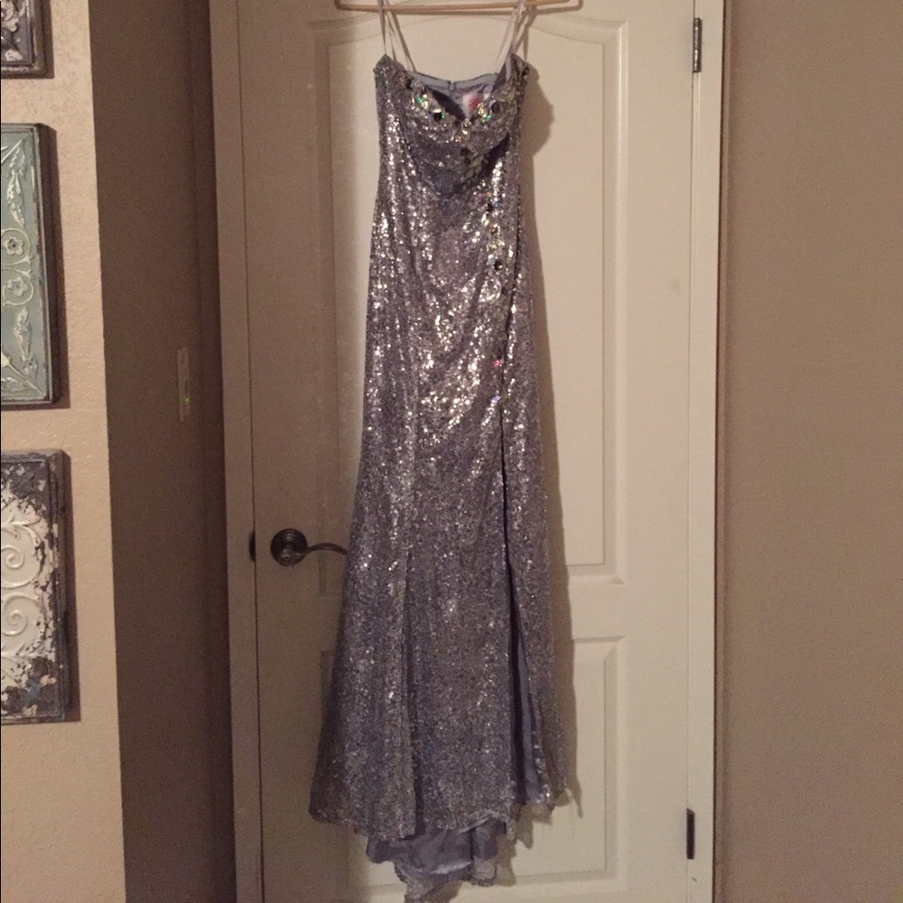 silver sequence prom dress