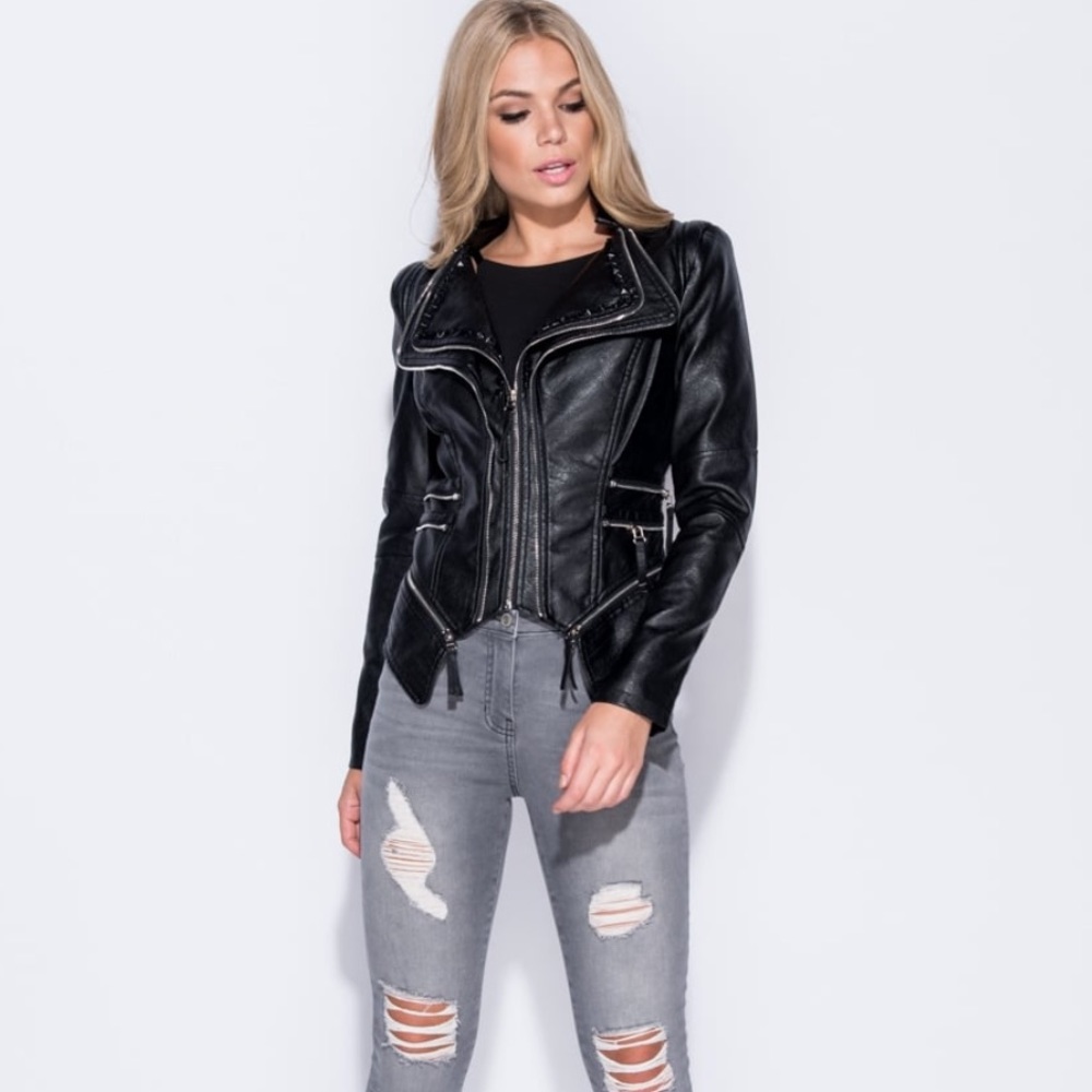 •LAST 1• Black Vegan Leather Zipper Biker Jacket - Picture 2 of 6