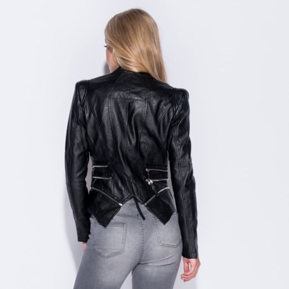 •LAST 1• Black Vegan Leather Zipper Biker Jacket - Picture 5 of 6
