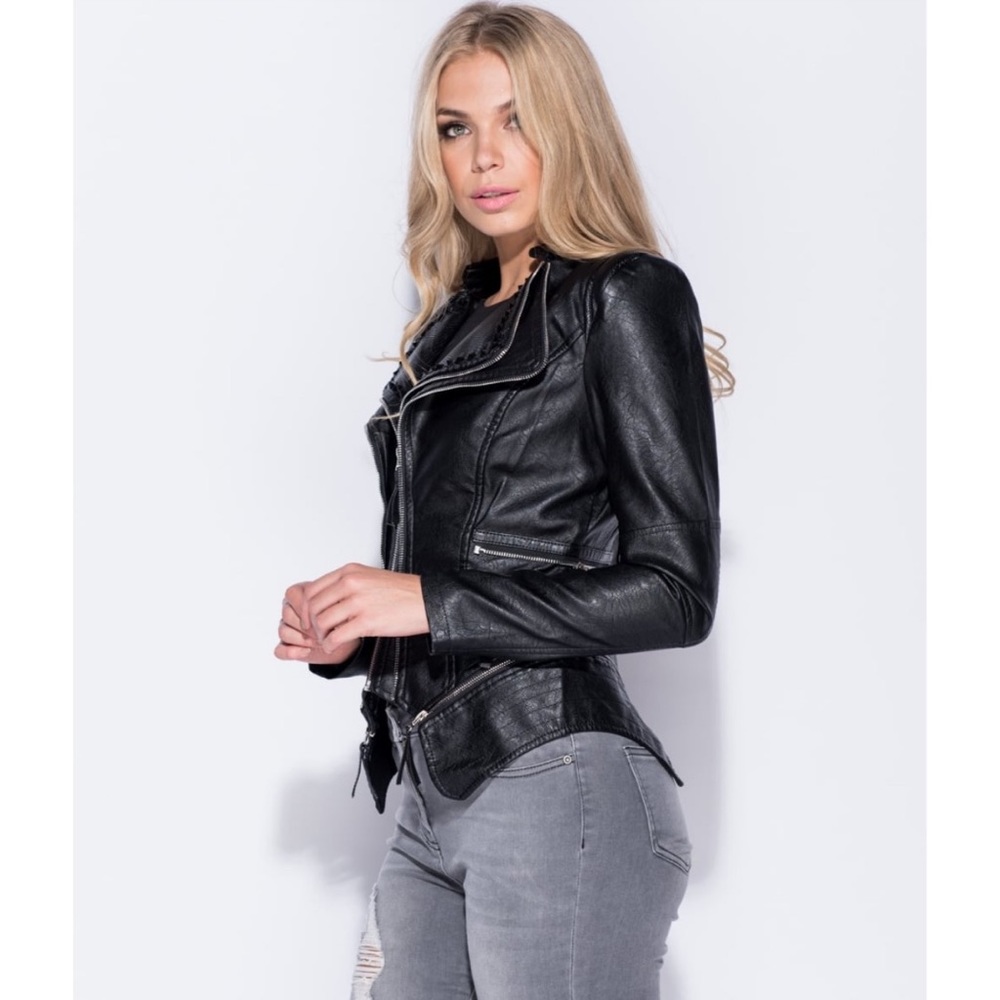 •LAST 1• Black Vegan Leather Zipper Biker Jacket - Picture 4 of 6