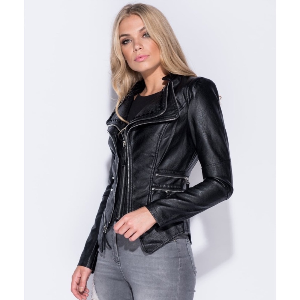 •LAST 1• Black Vegan Leather Zipper Biker Jacket - Picture 3 of 6