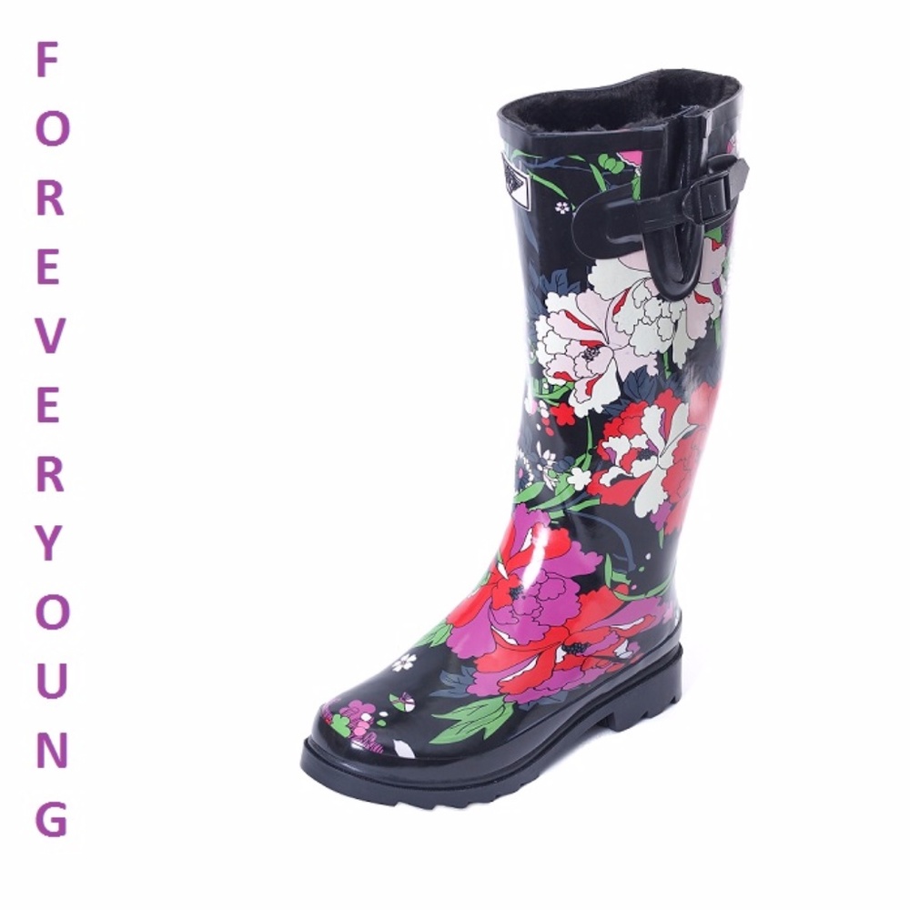 Women's Rainboots, Tall Rubber Faux Fur Lined Rain boots, #1528, Flowers - Picture 1 of 3
