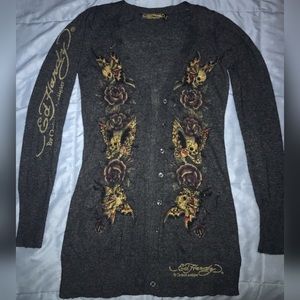 Ed Hardy cardigan sweater skull roses pockets cute