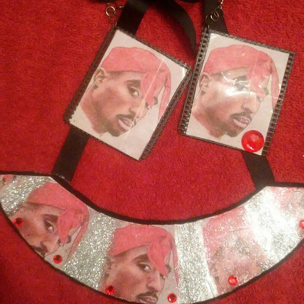 Tupac earrings and matching bib necklace