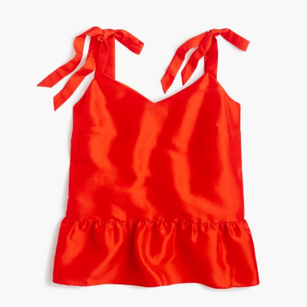 Red J. Crew tie-shoulder silk peplum top