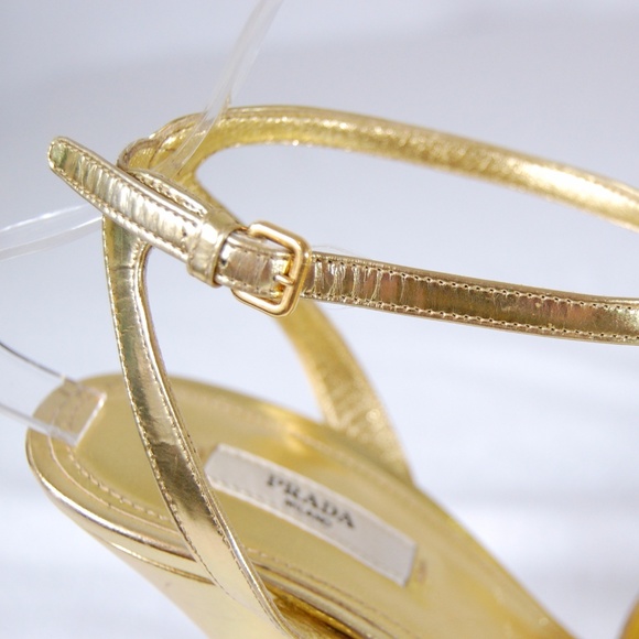 Prada Gold T-Strap Peep Toe Heels - Picture 6 of 13