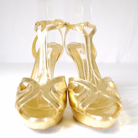 Prada Gold T-Strap Peep Toe Heels - Picture 4 of 13