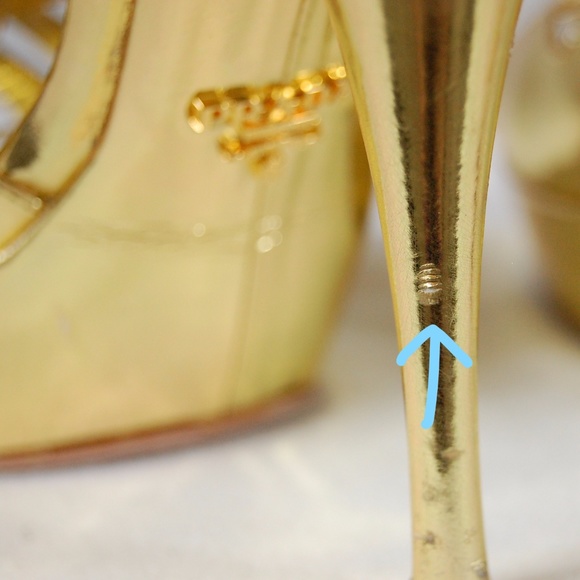 Prada Gold T-Strap Peep Toe Heels - Picture 7 of 13