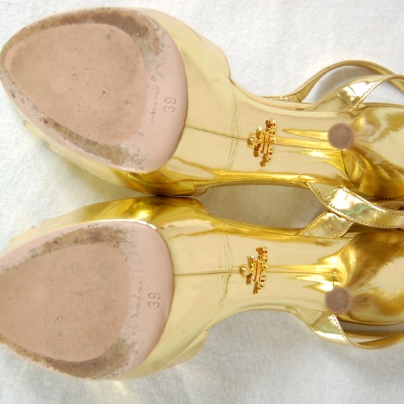 Prada Gold T-Strap Peep Toe Heels - Picture 8 of 13