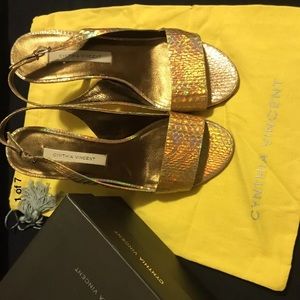 Cynthia Vincent gold snakeskin slingback heels